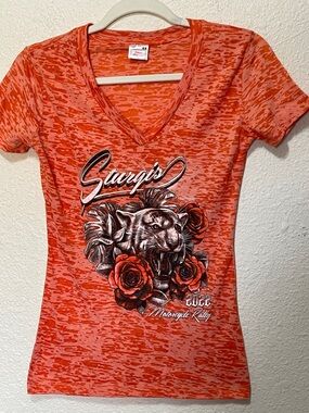 Sturgis Motorcycle Rally 2022 Orange Burnout Tee Shirt. Good Condition. Size S.